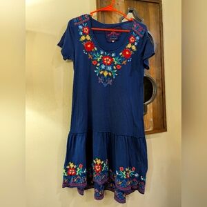 Johnny Was Navy Embroidered Dress Xs